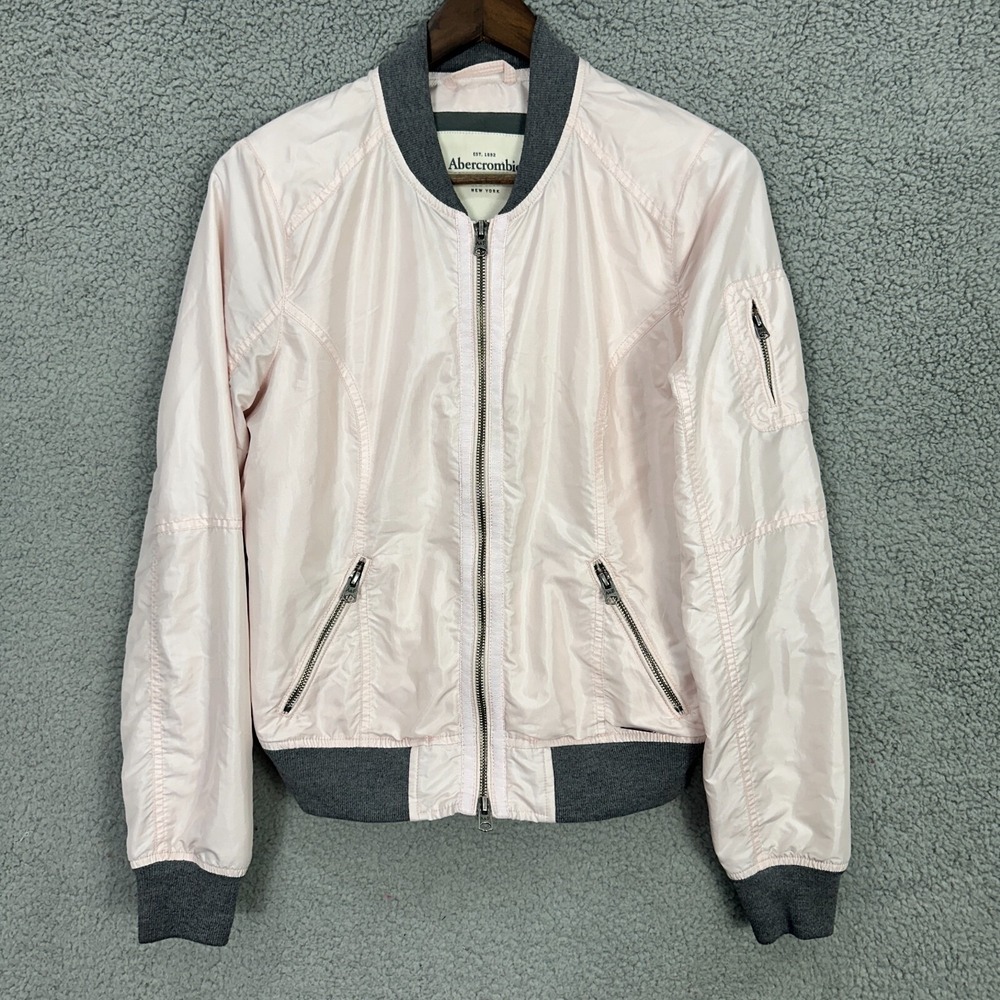 Abercrombie & Fitch Bomber Jacket Women Medium Pink Grey Zip Utility Flight Coat